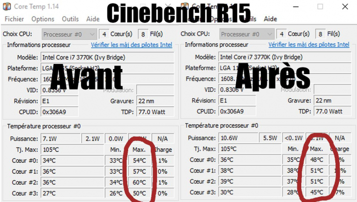Températures avant après delid CPU Intel Core i7-3770K Cinebench R15